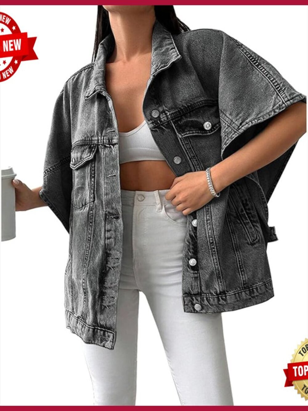 Plus Size Denim Jacket Cape Sleeve Loose Poncho Coat Vest